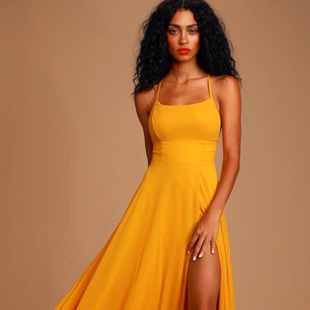 Lulu's Dreamy Romance Mustard Yellow Backless Maxi Dress